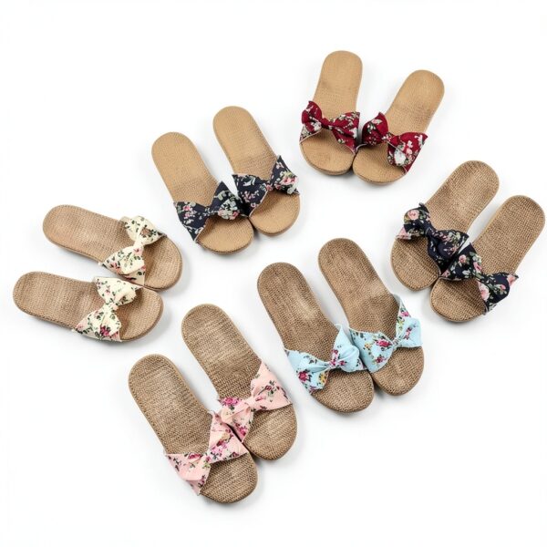 Ciabatte Infradito Pantofola Sandali Pantofole Da Donna Floreale Bowknot Lino Infradito Sandali Da Spiaggia Pantofole Con Zeppa Scarpe Da Donna-4