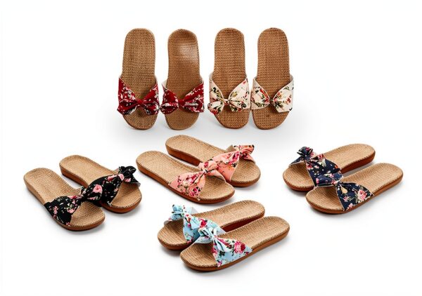 Ciabatte Infradito Pantofola Sandali Pantofole Da Donna Floreale Bowknot Lino Infradito Sandali Da Spiaggia Pantofole Con Zeppa Scarpe Da Donna-1