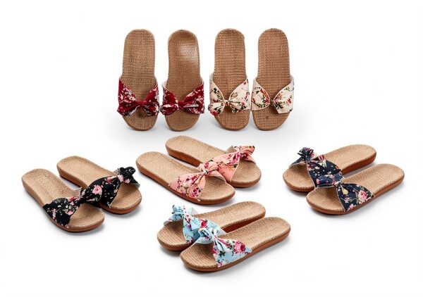 Ciabatte Infradito Pantofola Sandali Pantofole Da Donna Floreale Bowknot Lino Infradito Sandali Da Spiaggia Pantofole Con Zeppa Scarpe Da Donna-1