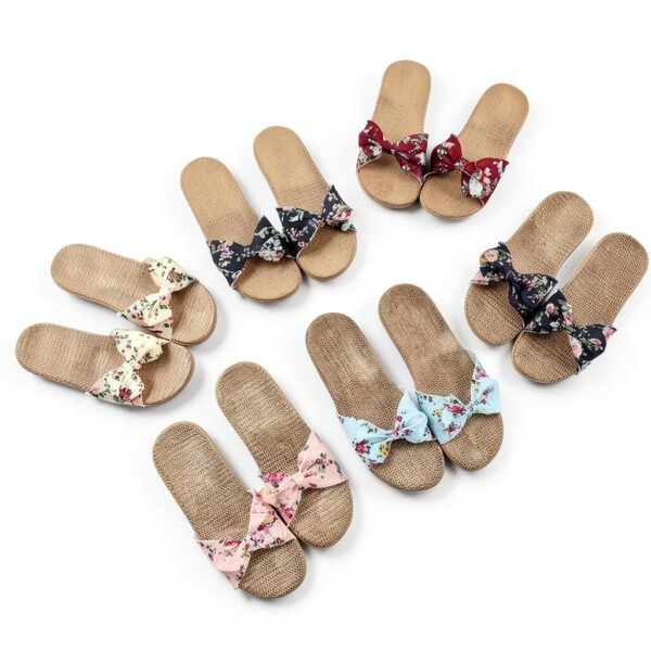Ciabatte Infradito Pantofola Sandali Pantofole Da Donna Floreale Bowknot Lino Infradito Sandali Da Spiaggia Pantofole Con Zeppa Scarpe Da Donna-4
