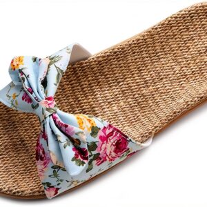 Ciabatte Infradito Pantofola Sandali Pantofole Da Donna Floreale Bowknot Lino Infradito Sandali Da Spiaggia Pantofole Con Zeppa Scarpe Da Donna-0
